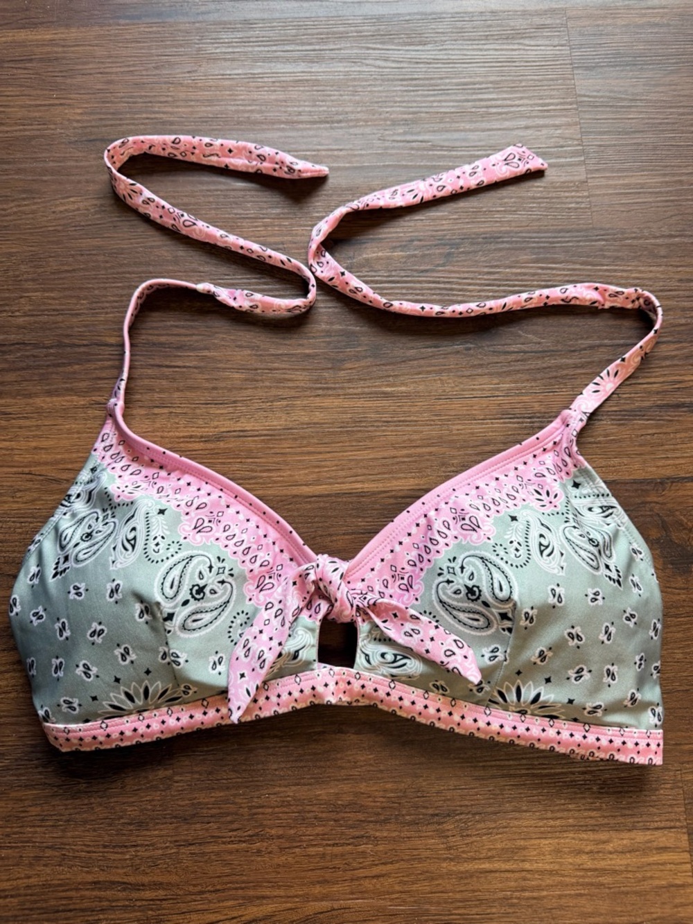 Pink & Gray Paisley Handkerchief Bandanna Tie-Front Bikini Top NWT
